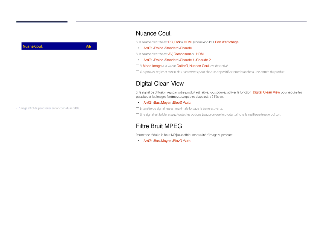 Samsung LH48DHDPLGC/EN, LH55DHDPLGC/EN, LH40DHDPLGC/EN manual Nuance Coul, Digital Clean View, Filtre Bruit Mpeg 