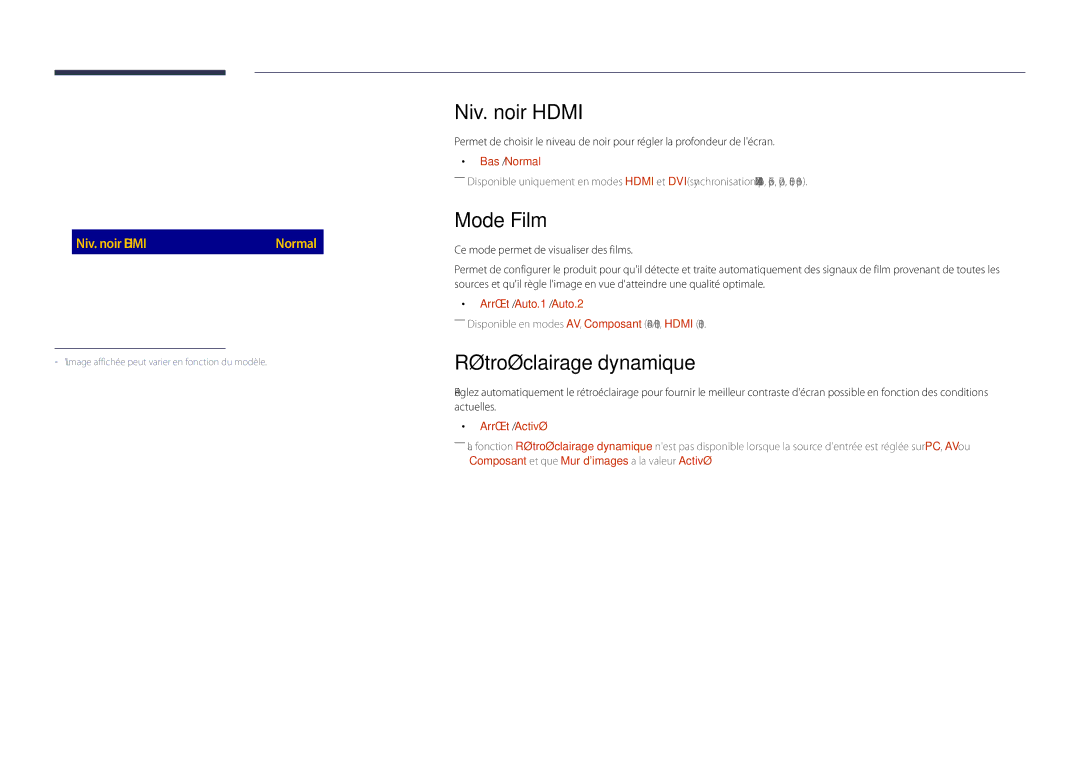 Samsung LH40DHDPLGC/EN, LH55DHDPLGC/EN, LH48DHDPLGC/EN manual Niv. noir Hdmi, Mode Film, Rétroéclairage dynamique 