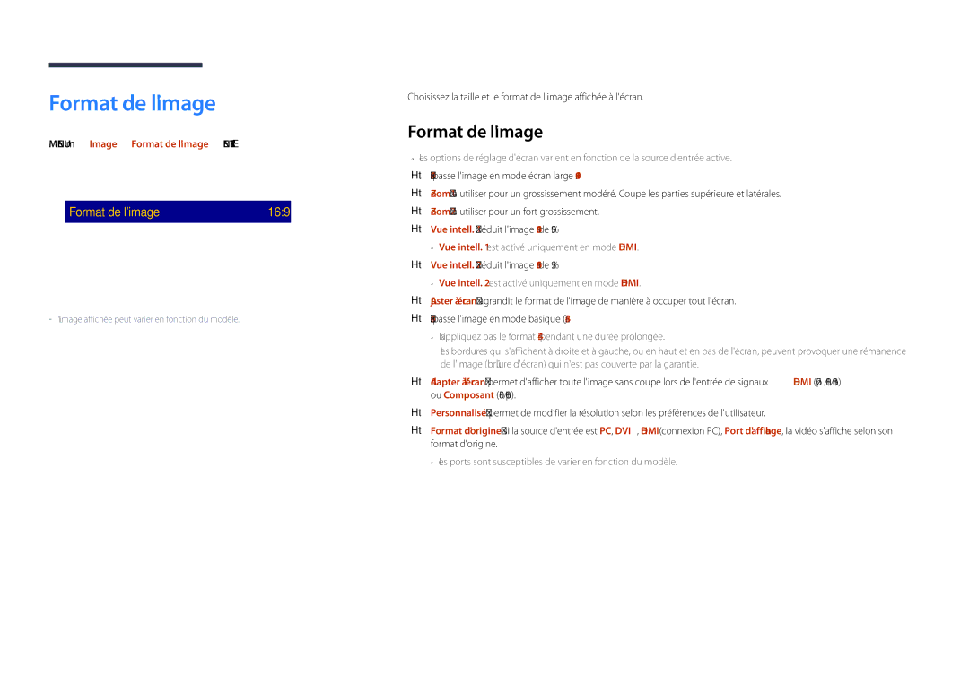 Samsung LH55DHDPLGC/EN, LH48DHDPLGC/EN manual · Position Résolution, Menu m → Image → Format de limage → Enter E 