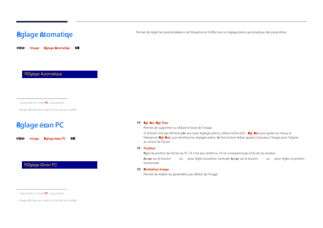 Samsung LH55DHDPLGC/EN, LH48DHDPLGC/EN, LH40DHDPLGC/EN manual Réglage Automatique, Réglage écran PC 