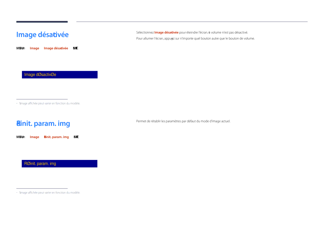 Samsung LH48DHDPLGC/EN, LH55DHDPLGC/EN, LH40DHDPLGC/EN Réinit. param. img, Menu m → Image → Image désactivée → Enter E 