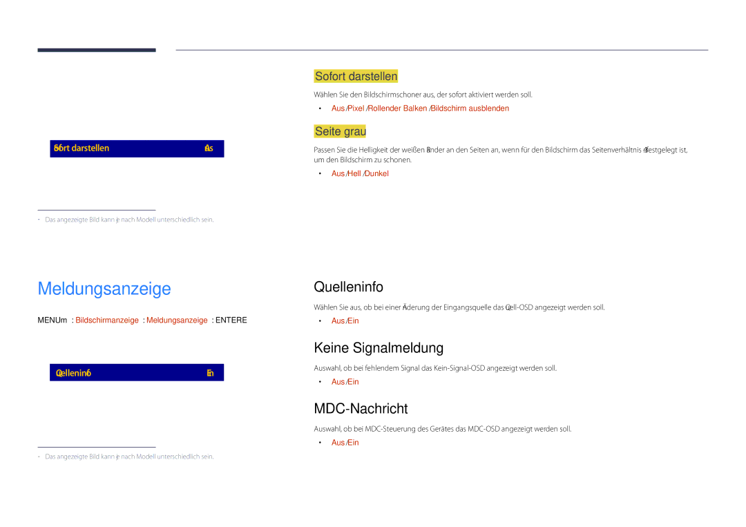 Samsung LH48DHDPLGC/EN, LH55DHDPLGC/EN, LH40DHDPLGC/EN Meldungsanzeige, Quelleninfo, Keine Signalmeldung, MDC-Nachricht 