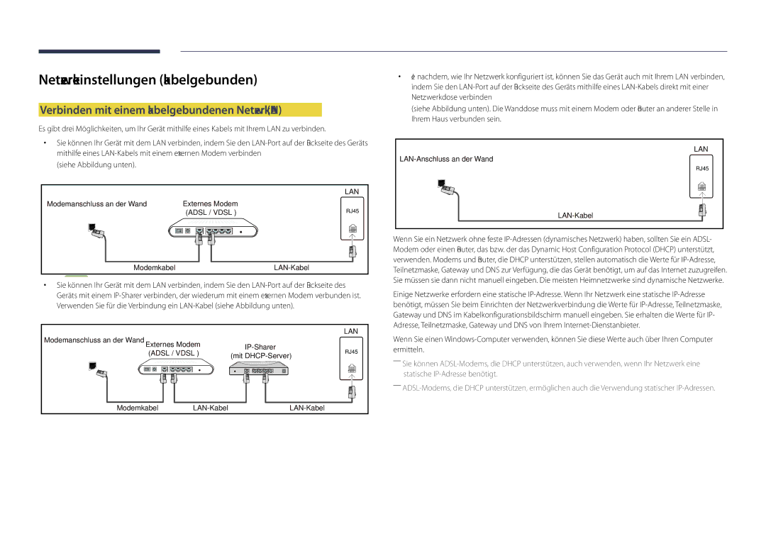 Samsung LH48DHDPLGC/EN manual Netzwerkeinstellungen kabelgebunden, Verbinden mit einem kabelgebundenen Netzwerk LAN 