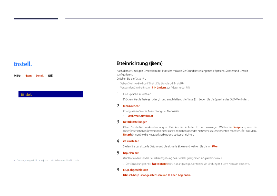 Samsung LH55DHDPLGC/EN, LH48DHDPLGC/EN, LH40DHDPLGC/EN manual Einstell, Ersteinrichtung System 