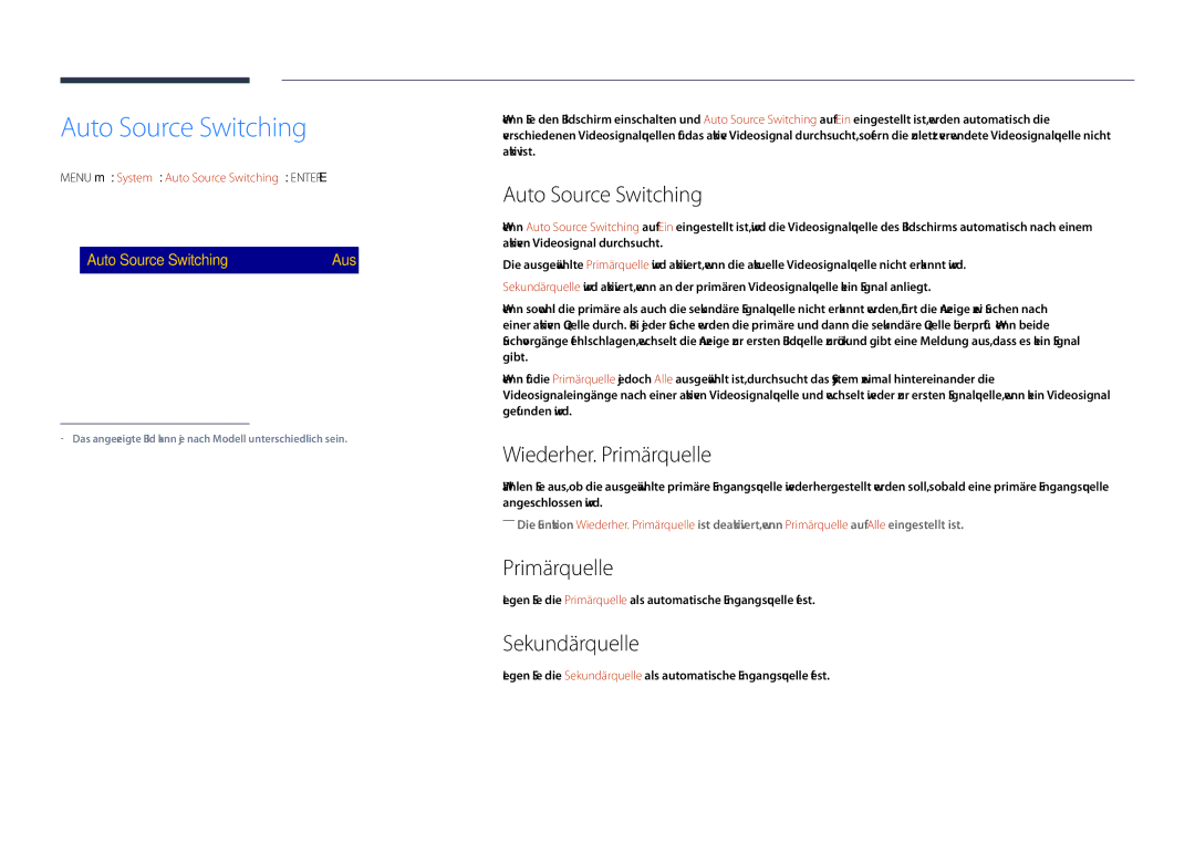 Samsung LH55DHDPLGC/EN, LH48DHDPLGC/EN, LH40DHDPLGC/EN manual Auto Source Switching, Wiederher. Primärquelle, Sekundärquelle 