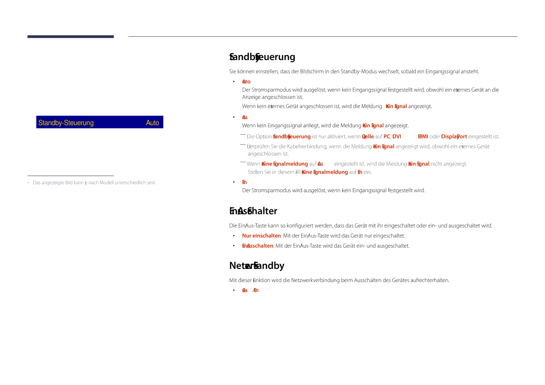 Samsung LH40DHDPLGC/EN, LH55DHDPLGC/EN, LH48DHDPLGC/EN manual Standby-Steuerung, Ein-/Aus-Schalter, Netzwerk-Standby, Auto 