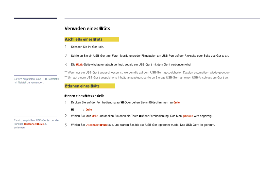 Samsung LH48DHDPLGC/EN manual Verwenden eines USB-Geräts, Anschließen eines USB-Geräts, Entfernen eines USB-Geräts 