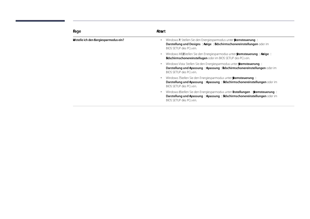 Samsung LH40DHDPLGC/EN, LH55DHDPLGC/EN, LH48DHDPLGC/EN manual Frage, Wie stelle ich den Energiesparmodus ein? 