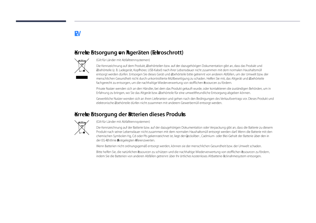 Samsung LH55DHDPLGC/EN manual Korrekte Entsorgung von Altgeräten Elektroschrott, Gilt für Länder mit Abfalltrennsystemen 