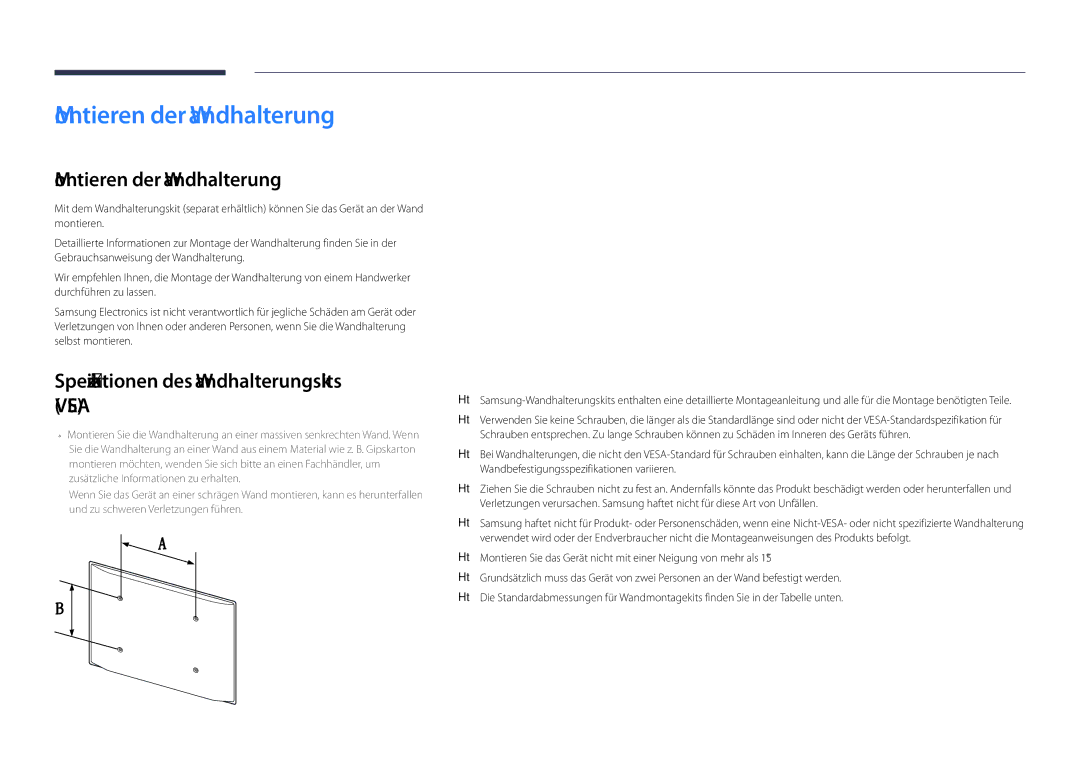 Samsung LH55DHDPLGC/EN, LH48DHDPLGC/EN manual Montieren der Wandhalterung, Spezifikationen des Wandhalterungskits Vesa 