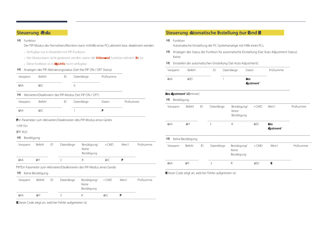 Samsung LH48DHDPLGC/EN, LH55DHDPLGC/EN manual Steuerung PIP Ein/Aus, Steuerung Automatische Einstellung nur PC und BNC 