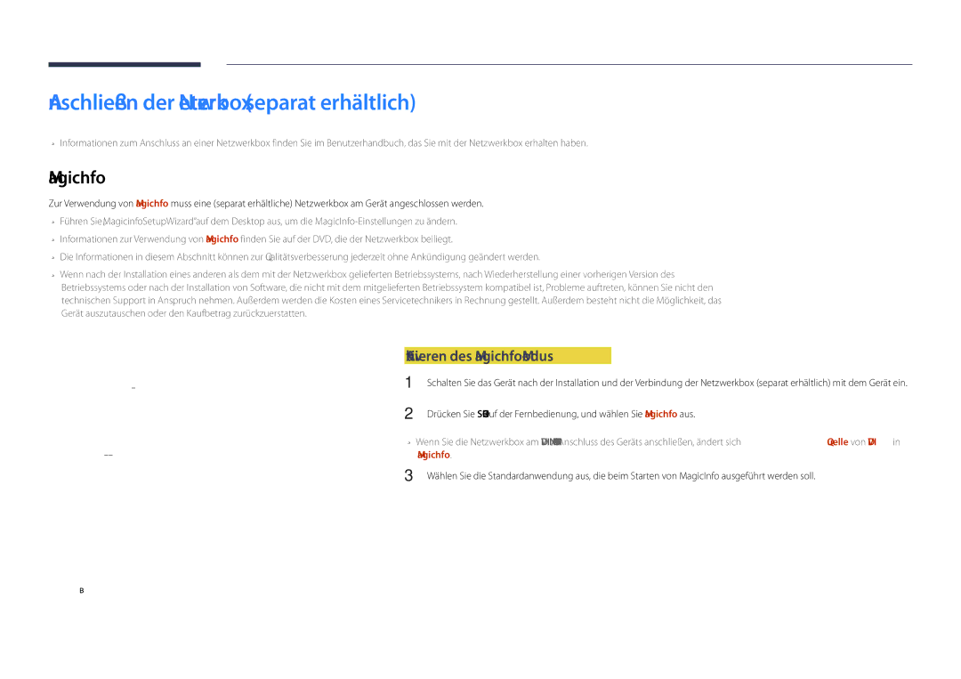 Samsung LH55DHDPLGC/EN, LH48DHDPLGC/EN Anschließen der Netzwerkbox separat erhältlich, Aktivieren des MagicInfo-Modus 