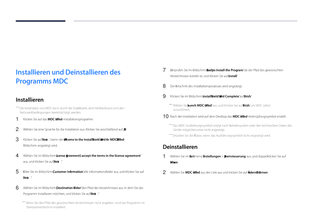 Samsung LH48DHDPLGC/EN, LH55DHDPLGC/EN, LH40DHDPLGC/EN manual Verwenden von MDC, Deinstallieren, Software 