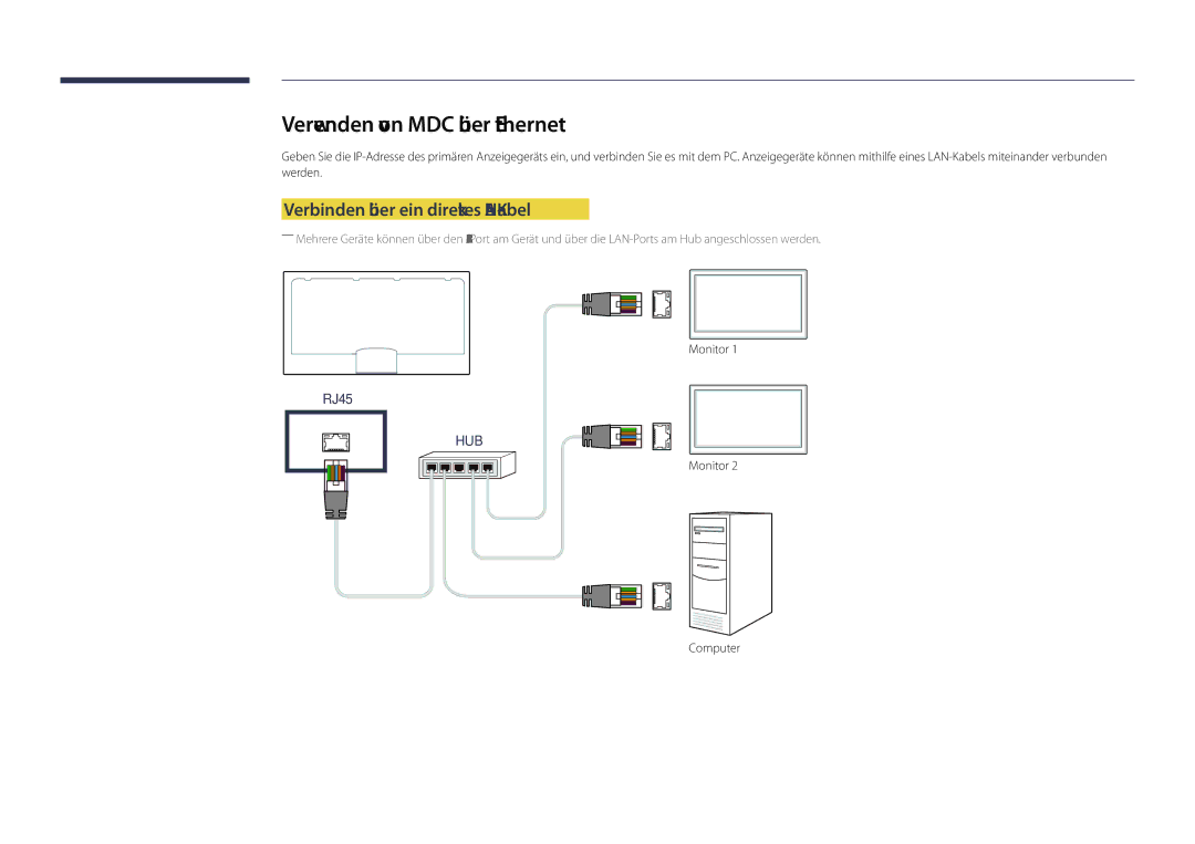 Samsung LH55DHDPLGC/EN, LH48DHDPLGC/EN manual Verwenden von MDC über Ethernet, Verbinden über ein direktes LAN-Kabel 