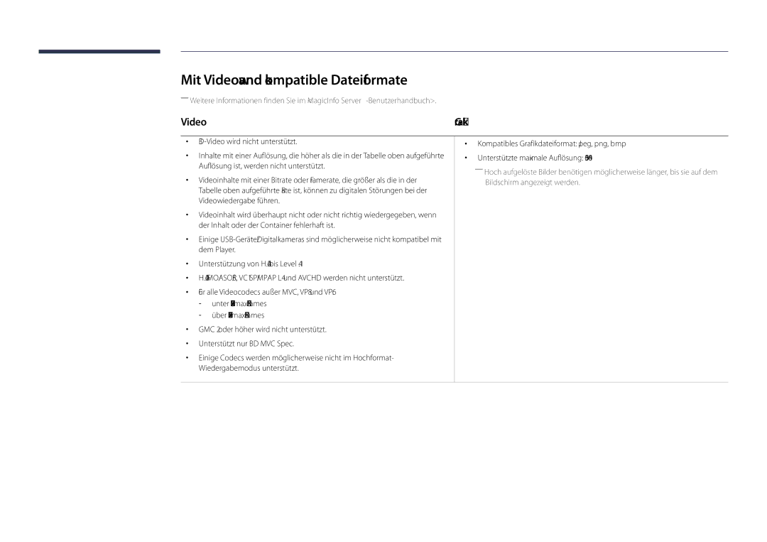 Samsung LH55DHDPLGC/EN, LH48DHDPLGC/EN, LH40DHDPLGC/EN manual Mit Videowand kompatible Dateiformate 