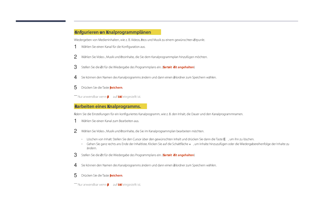 Samsung LH55DHDPLGC/EN, LH48DHDPLGC/EN manual Konfigurieren von Kanalprogrammplänen, Bearbeiten eines Kanalprogramms 