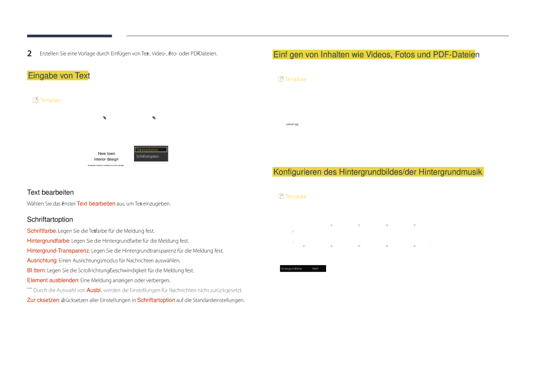 Samsung LH40DHDPLGC/EN, LH55DHDPLGC/EN manual Eingabe von Text, Konfigurieren des Hintergrundbildes/der Hintergrundmusik 