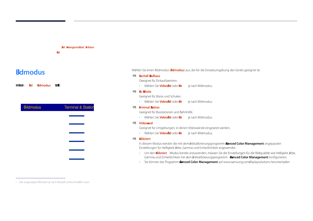 Samsung LH40DHDPLGC/EN, LH55DHDPLGC/EN, LH48DHDPLGC/EN manual Bildschirmanpassung, Menu m → Bild → Bildmodus → Enter E 