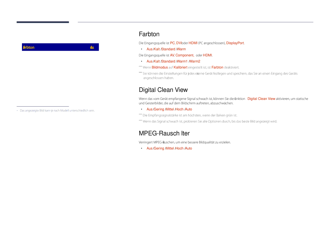 Samsung LH48DHDPLGC/EN, LH55DHDPLGC/EN, LH40DHDPLGC/EN manual Farbton, Digital Clean View, MPEG-Rauschfilter 