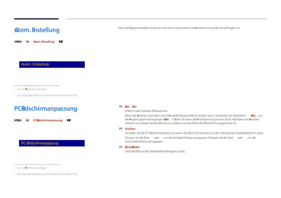 Samsung LH55DHDPLGC/EN, LH48DHDPLGC/EN, LH40DHDPLGC/EN manual Autom. Einstellung, PC-Bildschirmanpassung 