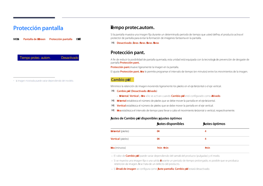 Samsung LH40DHDPLGC/EN, LH55DHDPLGC/EN, LH48DHDPLGC/EN manual Protección pantalla, Tiempo protec. autom, Cambio píxel 