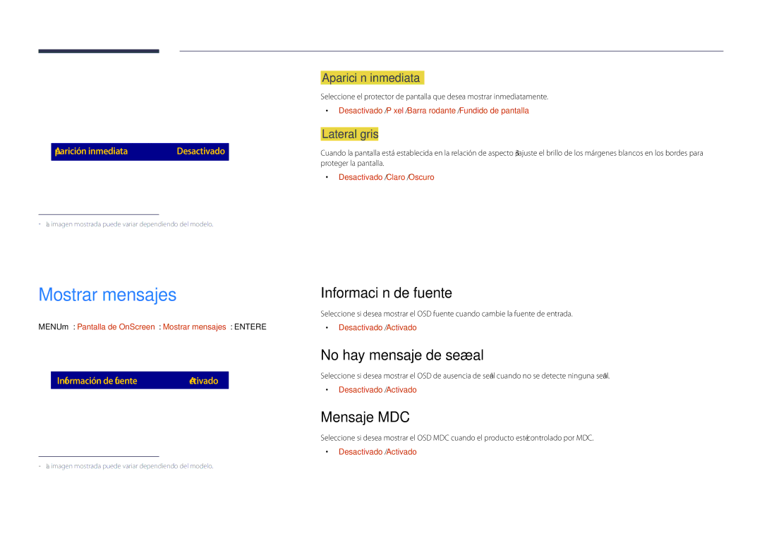 Samsung LH48DHDPLGC/EN, LH55DHDPLGC/EN manual Mostrar mensajes, Información de fuente, No hay mensaje de señal, Mensaje MDC 