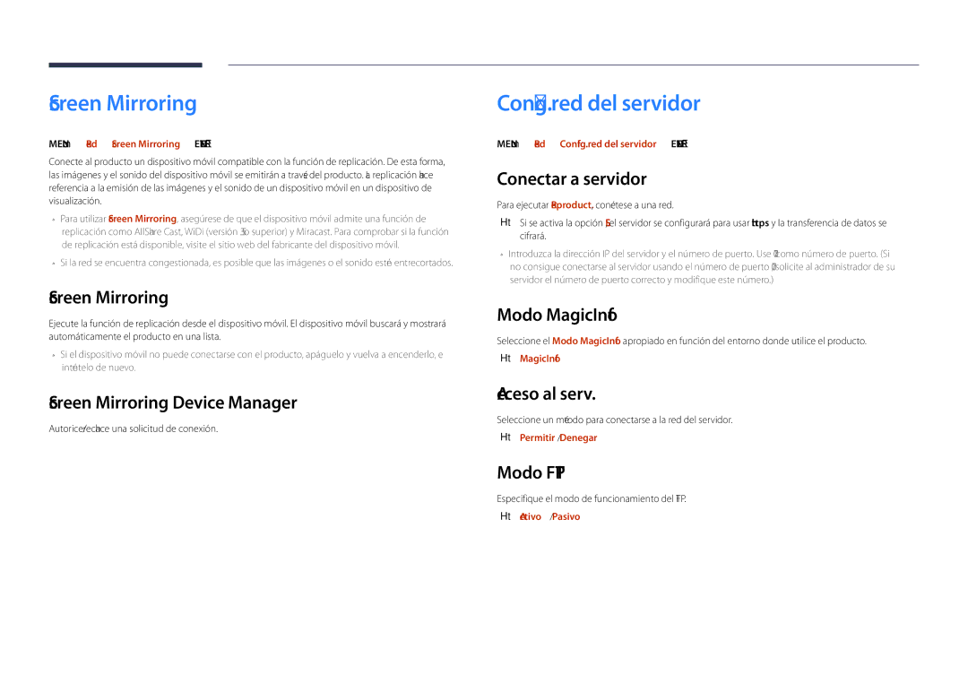 Samsung LH48DHDPLGC/EN, LH55DHDPLGC/EN, LH40DHDPLGC/EN manual Screen Mirroring, Config. red del servidor 