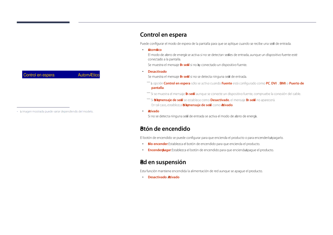 Samsung LH40DHDPLGC/EN, LH55DHDPLGC/EN manual Control en espera, Botón de encendido, Red en suspensión, Encendido autom 