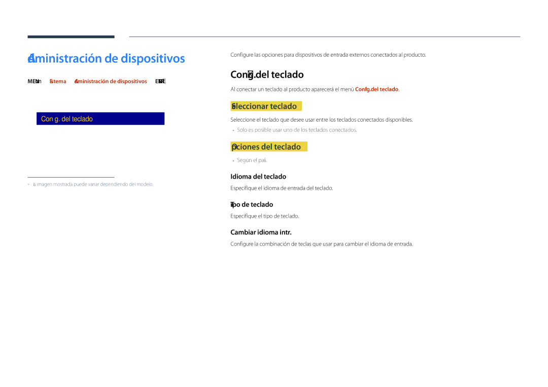 Samsung LH40DHDPLGC/EN Administración de dispositivos, Config. del teclado, Seleccionar teclado, Opciones del teclado 