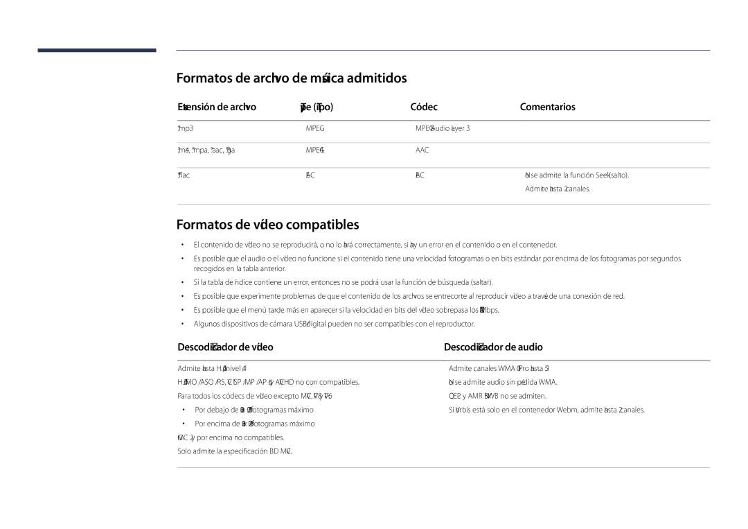 Samsung LH55DHDPLGC/EN Formatos de archivo de música admitidos, Formatos de vídeo compatibles, Descodificador de vídeo 