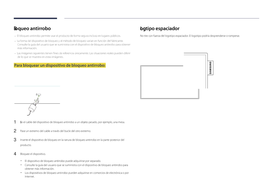 Samsung LH40DHDPLGC/EN, LH55DHDPLGC/EN, LH48DHDPLGC/EN Bloqueo antirrobo, Para bloquear un dispositivo de bloqueo antirrobo 