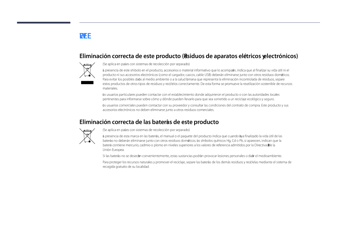 Samsung LH55DHDPLGC/EN, LH48DHDPLGC/EN, LH40DHDPLGC/EN manual Weee, Eliminación correcta de las baterías de este producto 