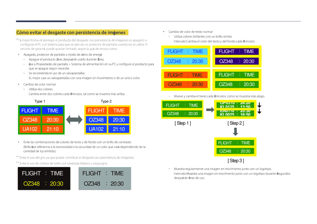 Samsung LH40DHDPLGC/EN, LH55DHDPLGC/EN, LH48DHDPLGC/EN Flight Time, Cómo evitar el desgaste con persistencia de imágenes 