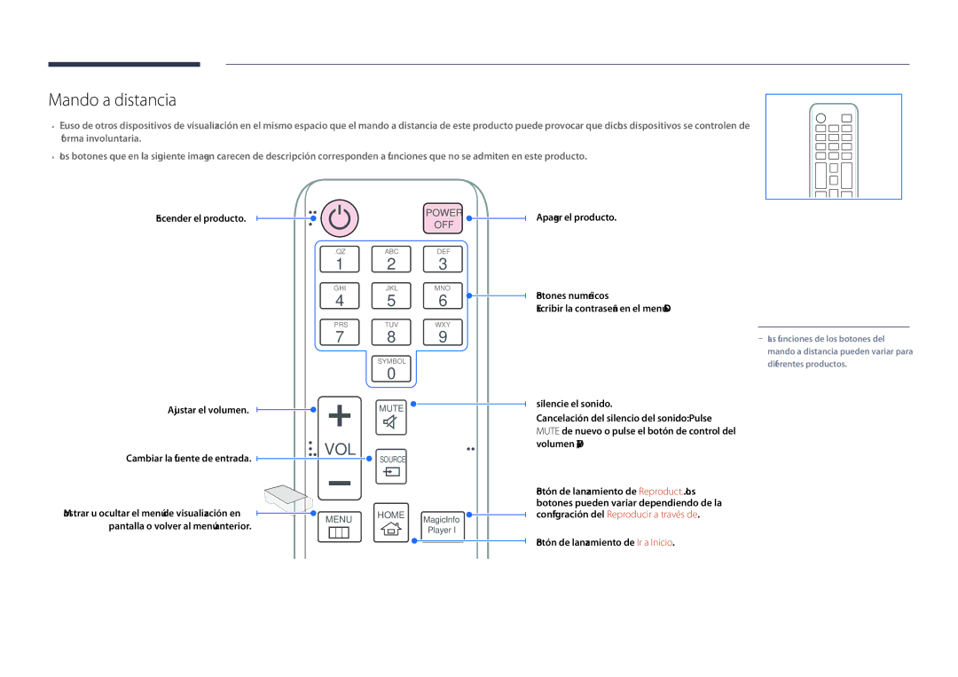 Samsung LH55DHDPLGC/EN, LH48DHDPLGC/EN, LH40DHDPLGC/EN manual Mando a distancia, Botón de lanzamiento de Ir a Inicio 