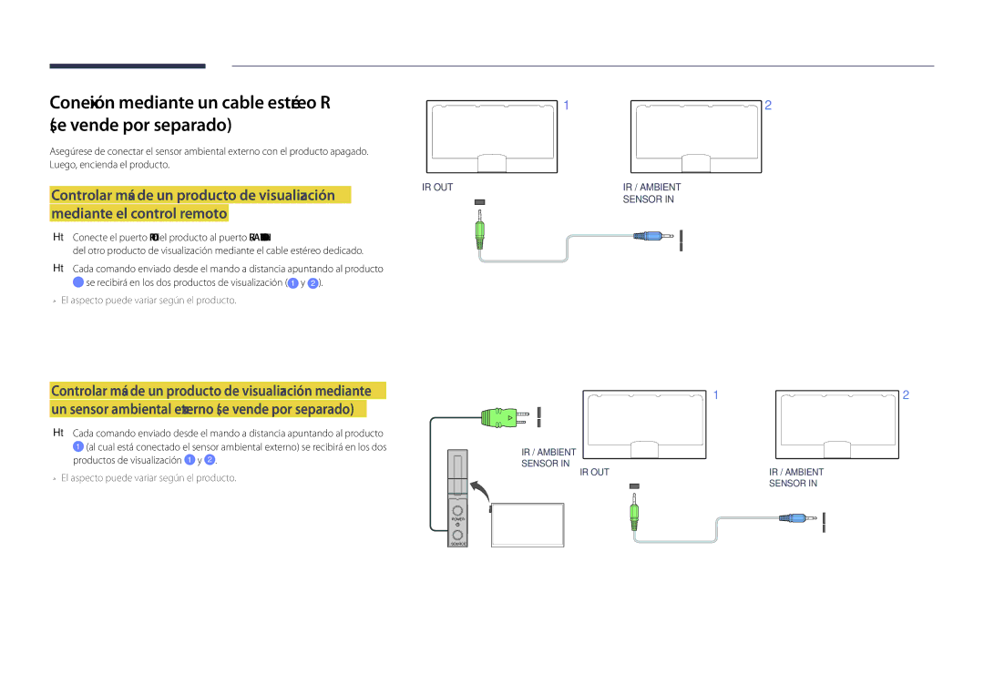 Samsung LH40DHDPLGC/EN, LH55DHDPLGC/EN, LH48DHDPLGC/EN manual Conexión mediante un cable estéreo IR se vende por separado 