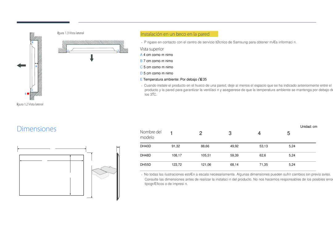 Samsung LH48DHDPLGC/EN, LH55DHDPLGC/EN Dimensiones, Instalación en un hueco en la pared, Vista superior, Nombre del Modelo 