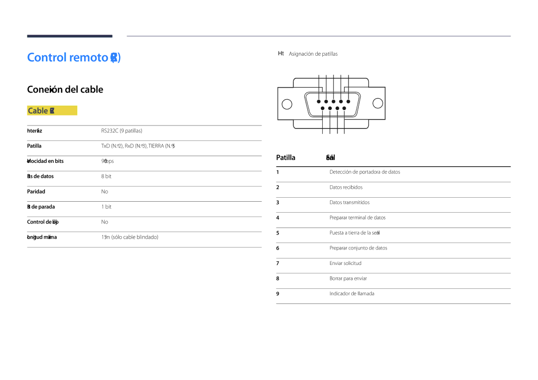 Samsung LH40DHDPLGC/EN Control remoto RS232C, Conexión del cable, Cable RS232C, Patilla Señal, Asignación de patillas 