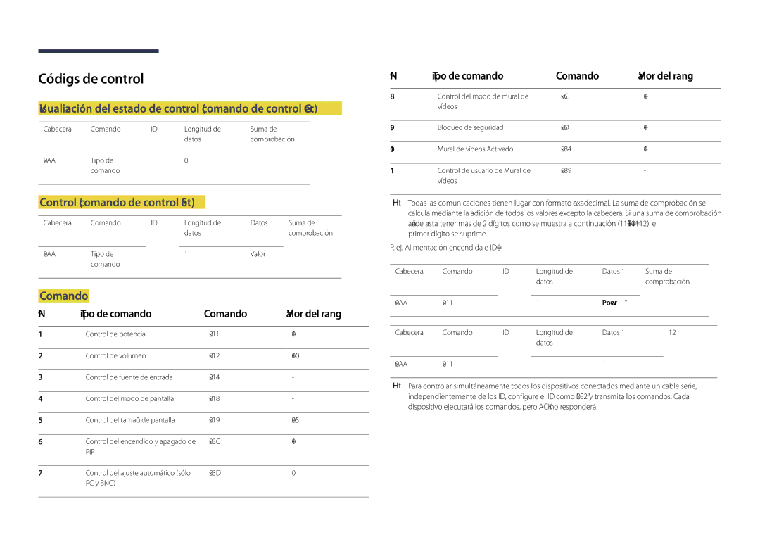 Samsung LH55DHDPLGC/EN manual Códigos de control, Visualización del estado de control comando de control Get, Comando 