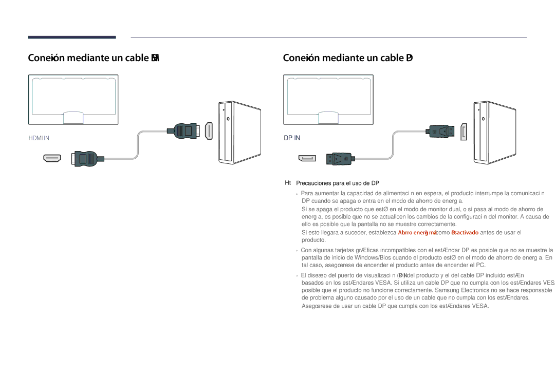 Samsung LH40DHDPLGC/EN Conexión mediante un cable Hdmi, Conexión mediante un cable DP, Precauciones para el uso de DP 