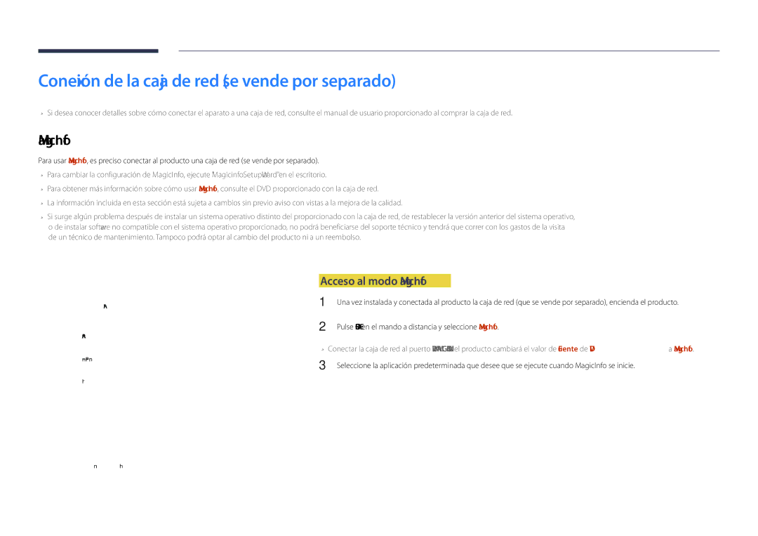 Samsung LH55DHDPLGC/EN, LH48DHDPLGC/EN manual Conexión de la caja de red se vende por separado, Acceso al modo MagicInfo 