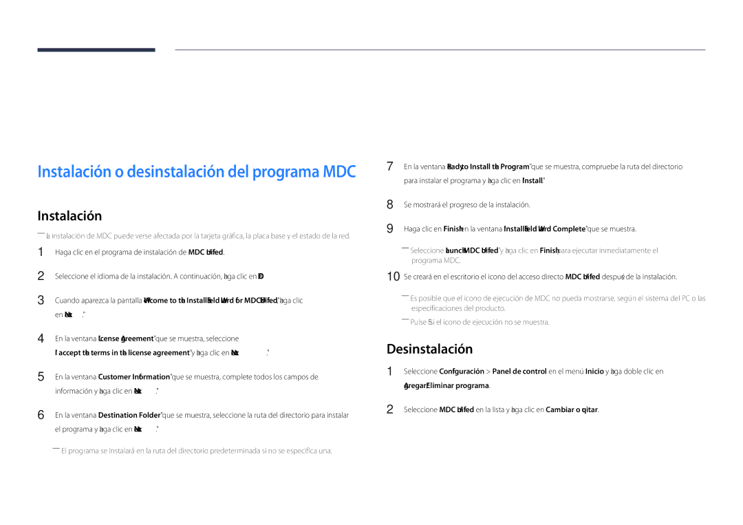 Samsung LH48DHDPLGC/EN, LH55DHDPLGC/EN, LH40DHDPLGC/EN manual Uso de MDC, Desinstalación, Agregar/Eliminar programa 