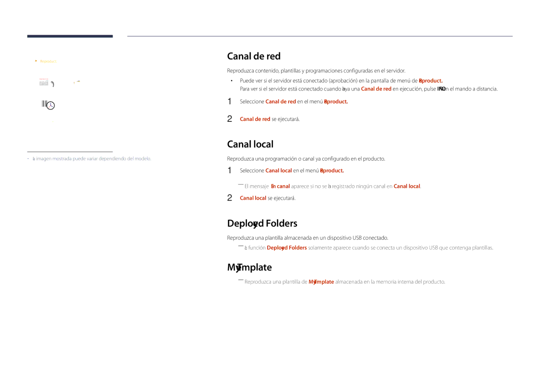 Samsung LH40DHDPLGC/EN, LH55DHDPLGC/EN manual Canal local, Deployed Folders, My Template, Canal de red se ejecutará 