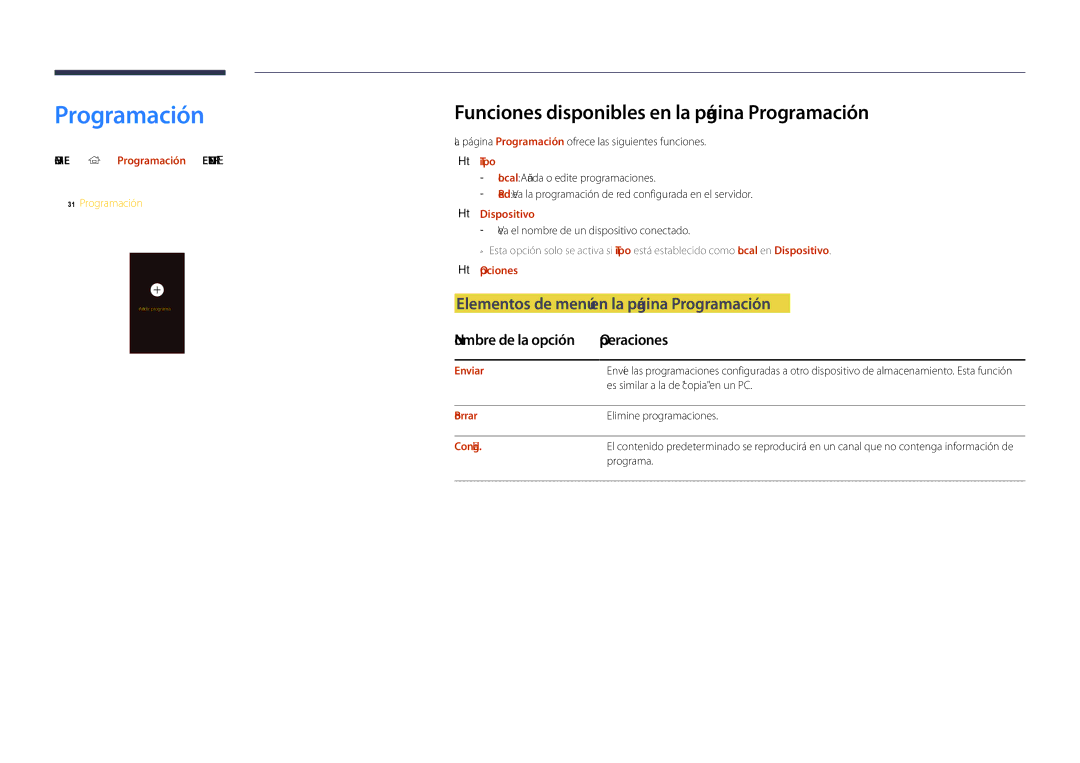 Samsung LH40DHDPLGC/EN Funciones disponibles en la página Programación, Elementos de menú en la página Programación 