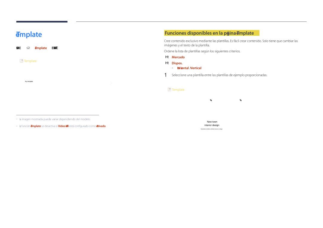 Samsung LH48DHDPLGC/EN manual Funciones disponibles en la página Template, Home → Template → Enter E, Mercado, Dispos 