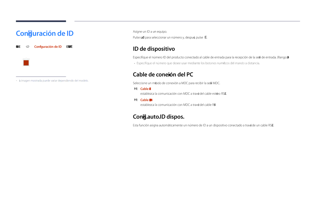 Samsung LH40DHDPLGC/EN manual Configuración de ID, ID de dispositivo, Cable de conexión del PC, Config. auto. ID dispos 