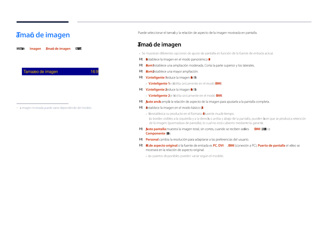 Samsung LH55DHDPLGC/EN, LH48DHDPLGC/EN · Posición ResoluciónDesactivado, Menu m → Imagen → Tamaño de imagen → Enter E 