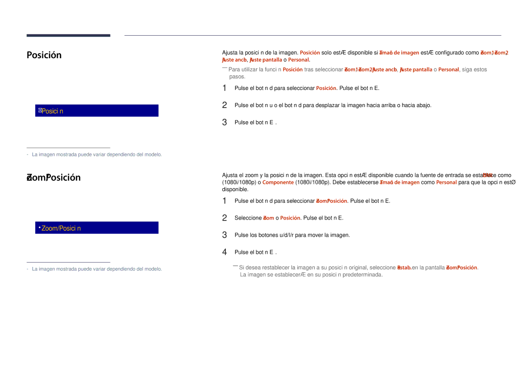 Samsung LH48DHDPLGC/EN, LH55DHDPLGC/EN, LH40DHDPLGC/EN manual Zoom/Posición, Tamaño de imagen 