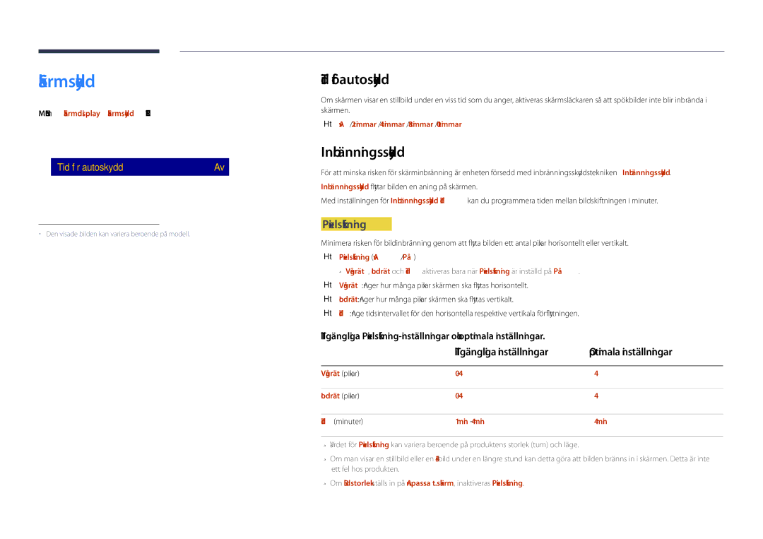 Samsung LH40DHDPLGC/EN, LH55DHDPLGC/EN, LH48DHDPLGC/EN manual Skärmskydd, Tid för autoskydd, Inbränningsskydd, Pixelskiftning 