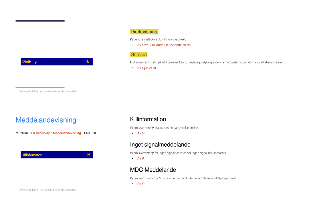 Samsung LH48DHDPLGC/EN, LH55DHDPLGC/EN manual Meddelandevisning, Källinformation, Inget signalmeddelande, MDC Meddelande 