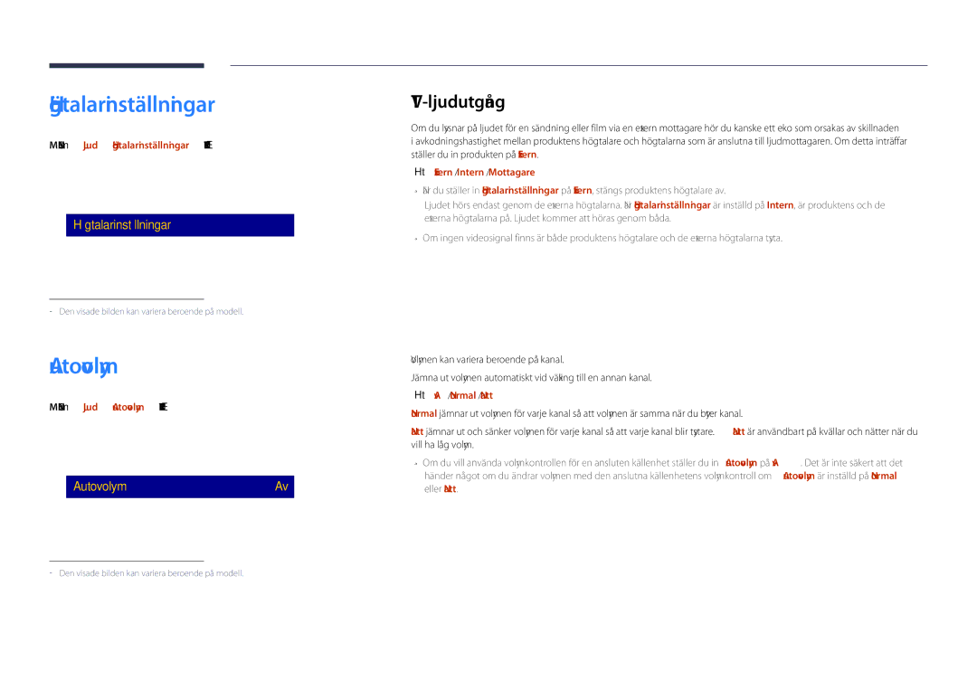 Samsung LH48DHDPLGC/EN, LH55DHDPLGC/EN, LH40DHDPLGC/EN manual Högtalarinställningar, Autovolym, TV-ljudutgång 